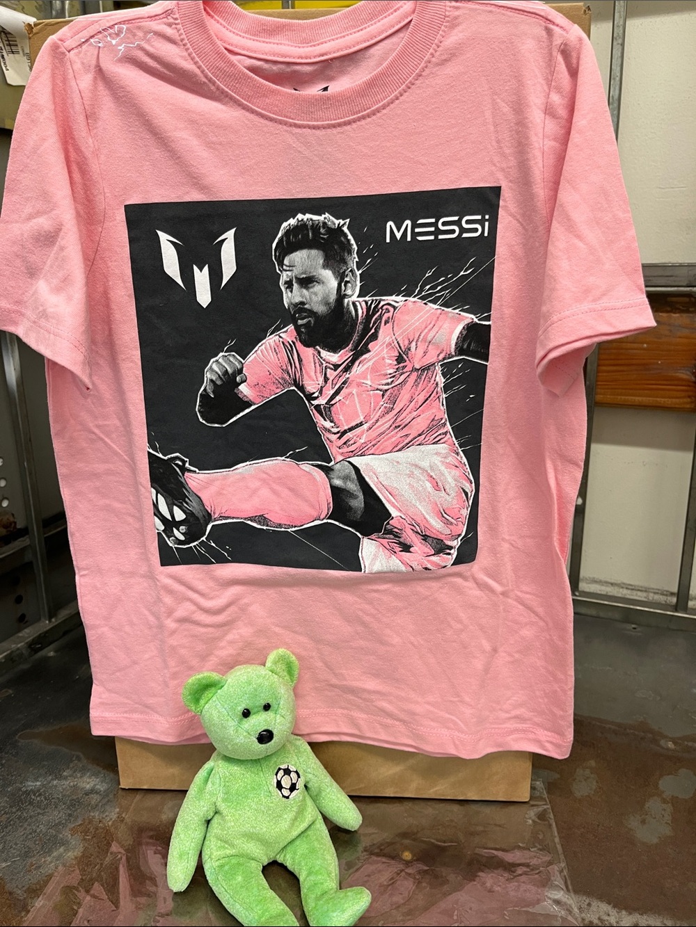 NWOT Messi Graphic Tee in Pink Sm Unisex with Ty Soccer Beanie Baby soccer fans
